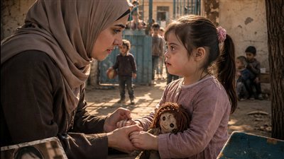 طفلة صغيرة مصابة بمتلازمة داون أمسكت بيدي